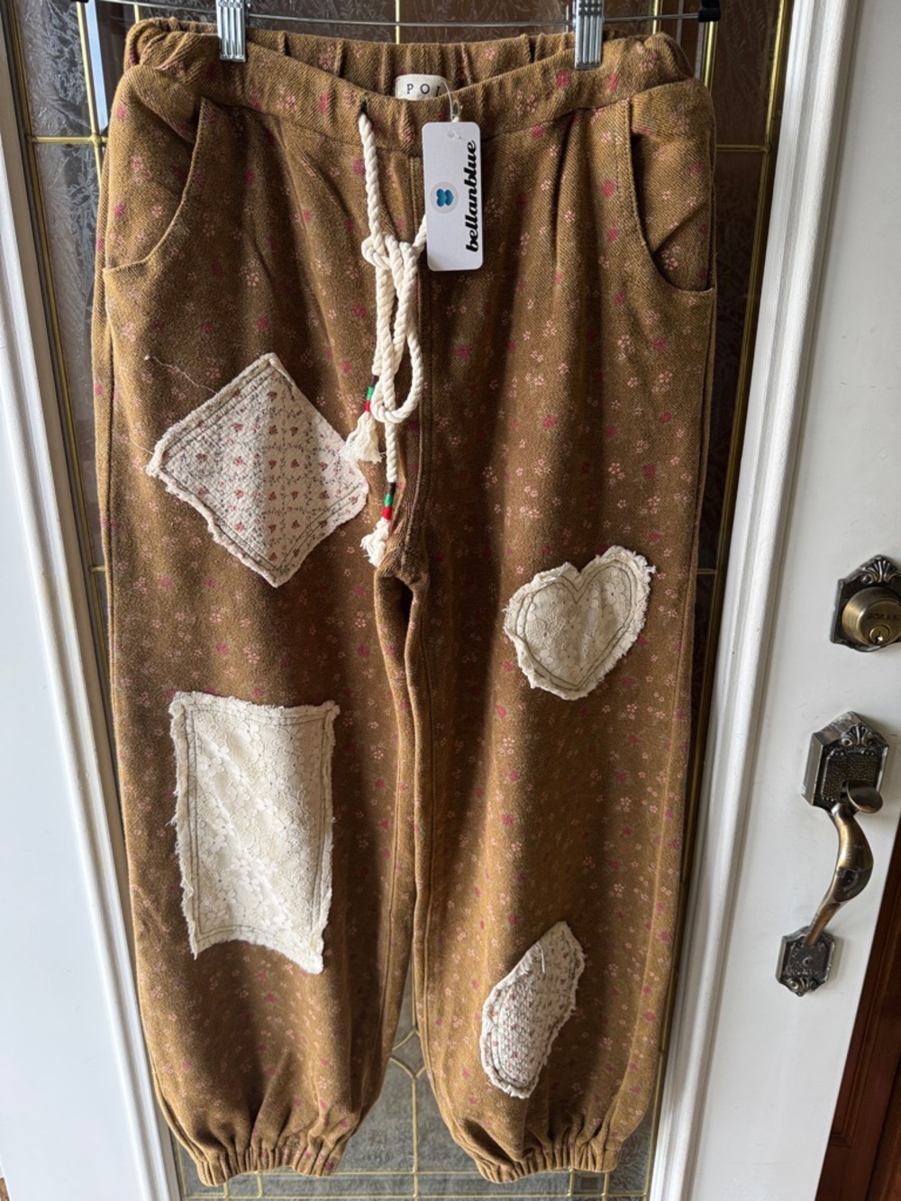 POL Brown Jogger Pants with Cream Patchwork